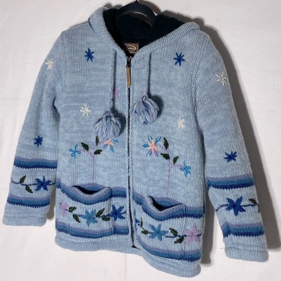 Kyber Blue Knit Full Zip Lined Wool Snowflake Flower Hoodie Sweater S - Picture 15 of 15